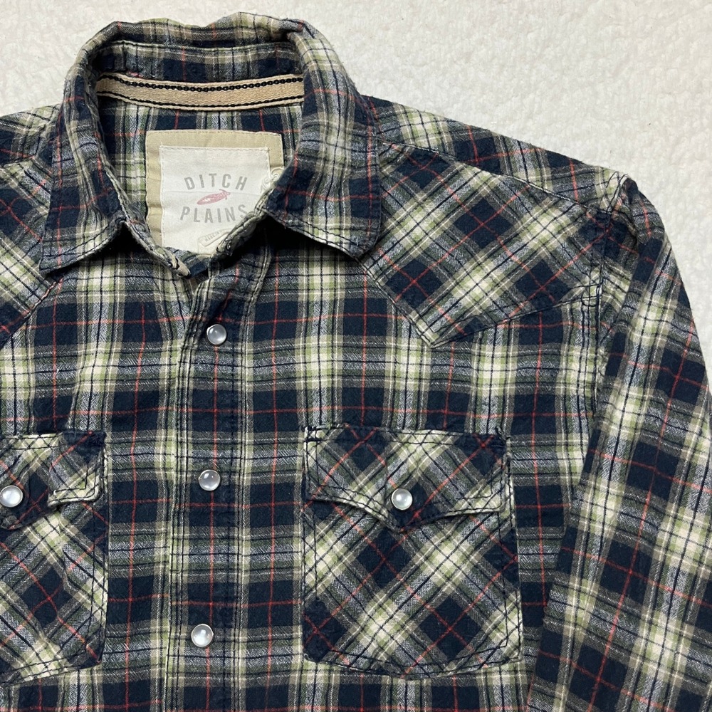 Ditch Plains Shirt Mens Medium Green Black Plaid Western Pearl Snap Flannel